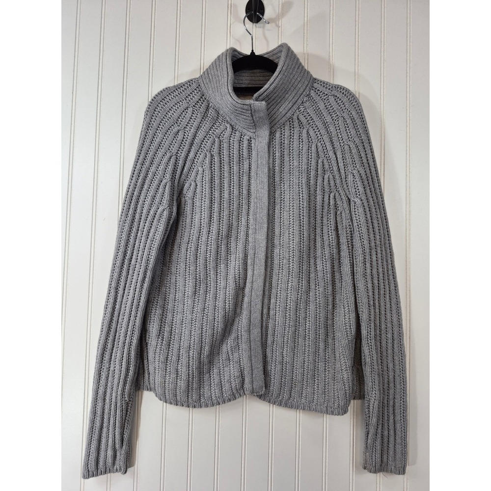 Banana Republic Grey Cotton Cashmere Fluted Mock Neck Ribbed Thick Cardigan L